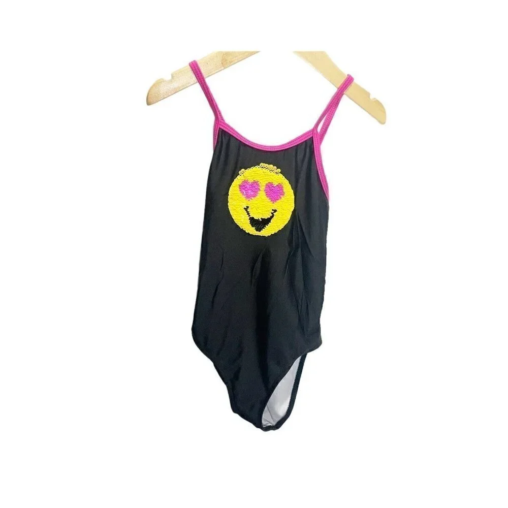 Emojination Girls One Piece Swimsuit Sequin Emoji‎ XS Black Yellow Cross Back